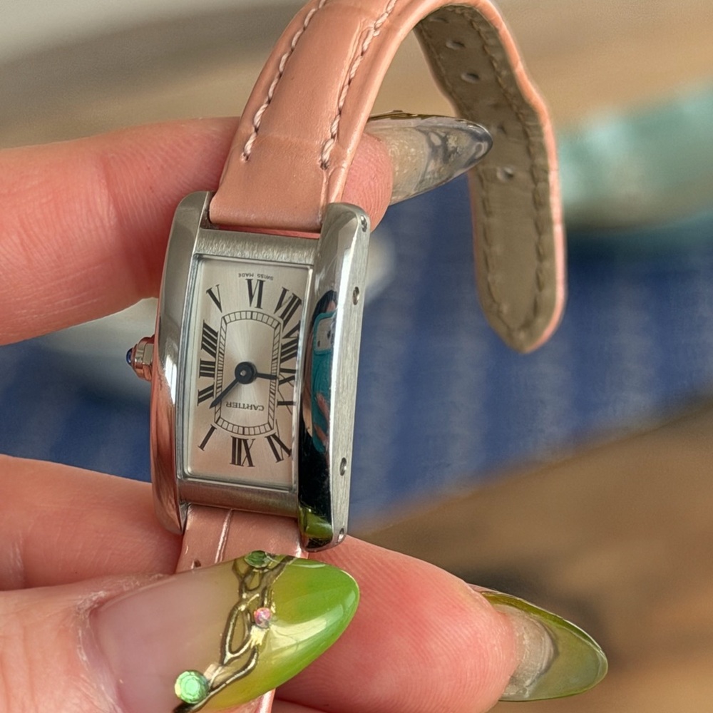 Pink Leather Strap Rectangular Silver-Tone Watch - image 3